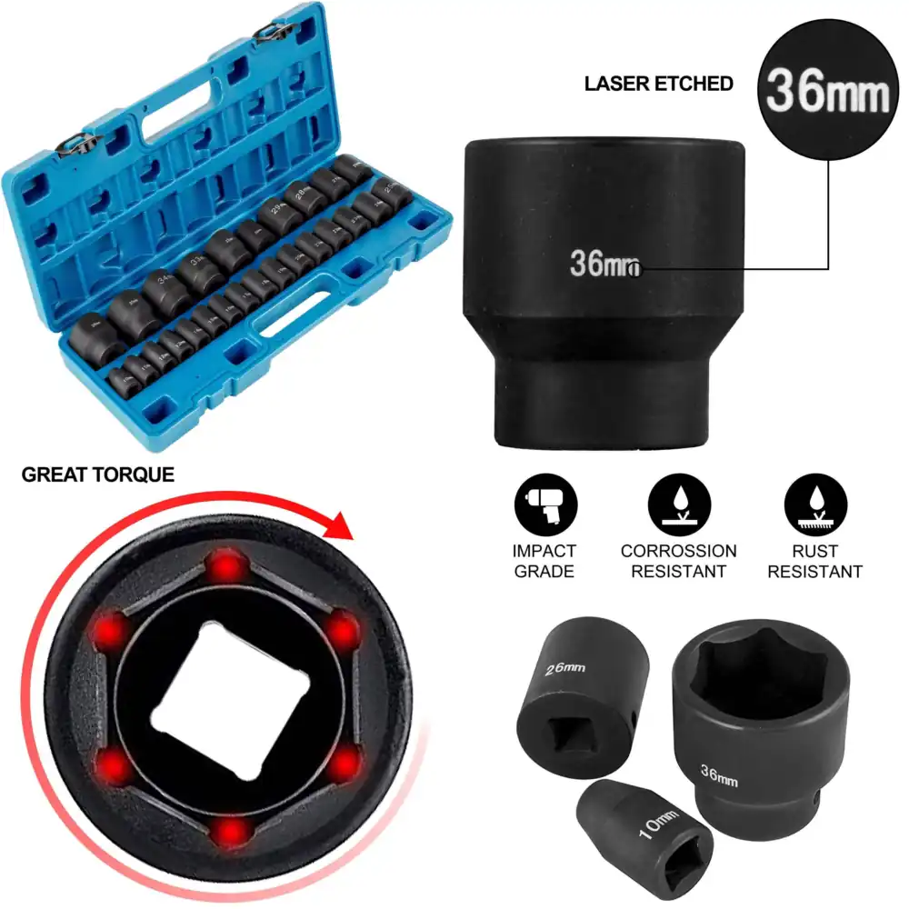 Industrial Laser Repair - Metrisches Schlagschraubenschlüssel-Set, CR-V-Stahl 6-Punkt Flachsteckschlüssel mit